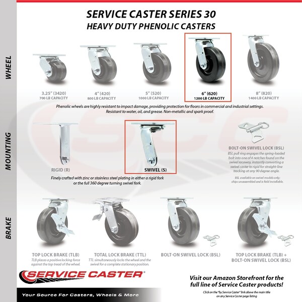 6 Inch Phenolic Swivel Caster Set With Roller Bearing 2 Total Lock Brake SCC